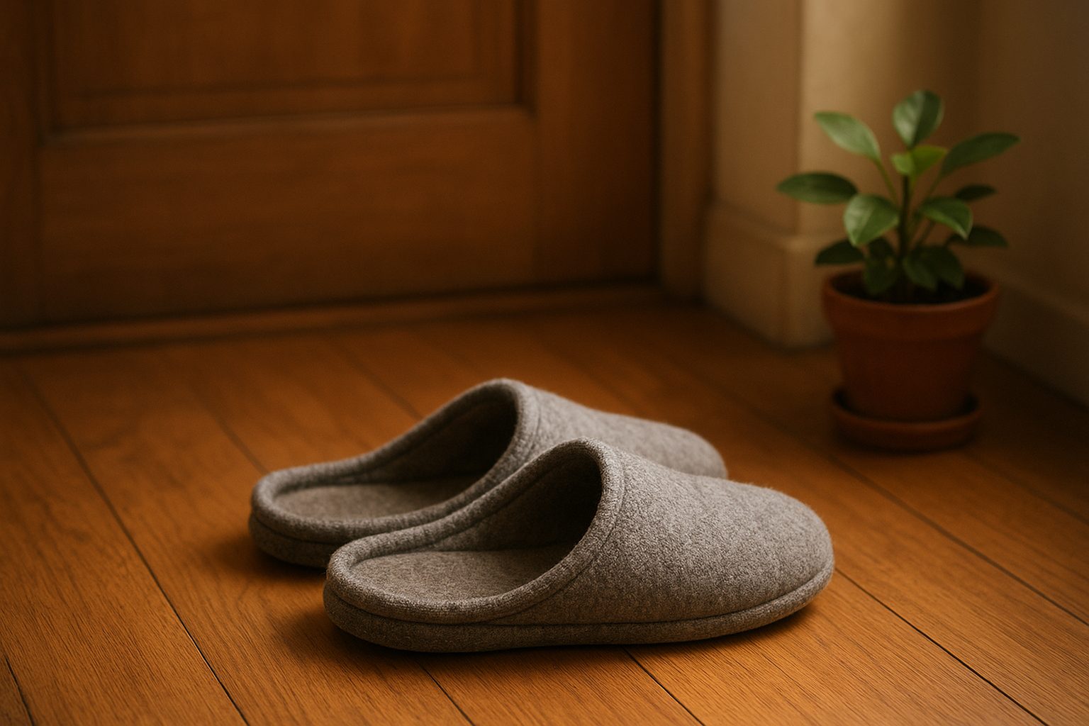 two older people shoes placed neatly by a doorway inside a home, warm indoor light