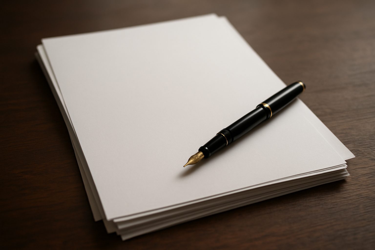 a fountain pen resting on a signed form beside a pair of reading glasses on a wooden desk