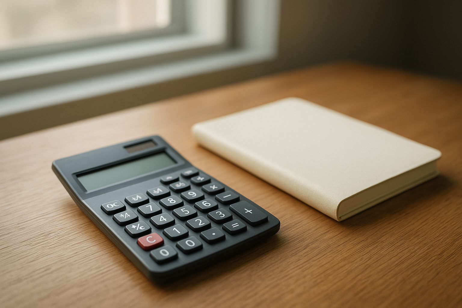 a calculator and a stack of receipts fanned out on a kitchen table under warm evening light