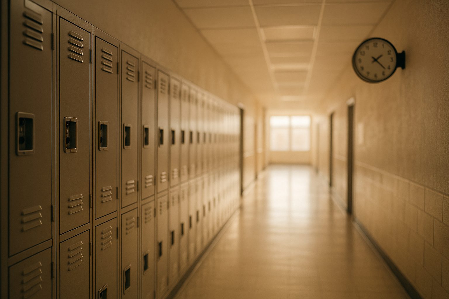 an empty classroom with rows of small desks and a blank board at the front, morning light