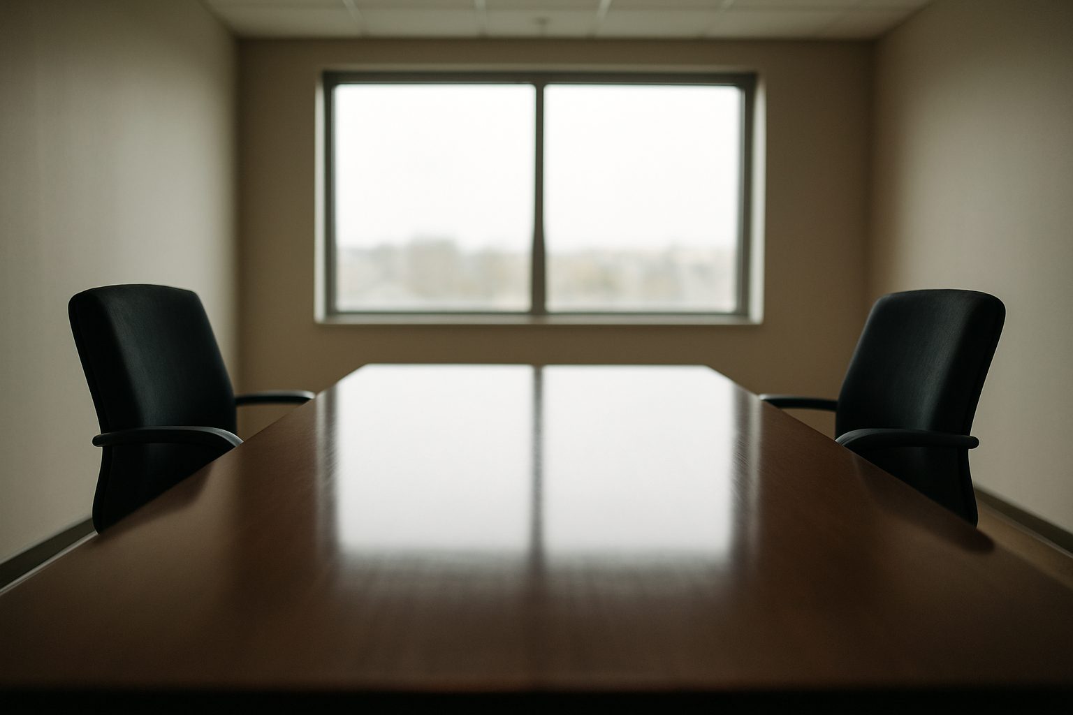 two empty chairs facing each other across a plain desk in a small office with a window