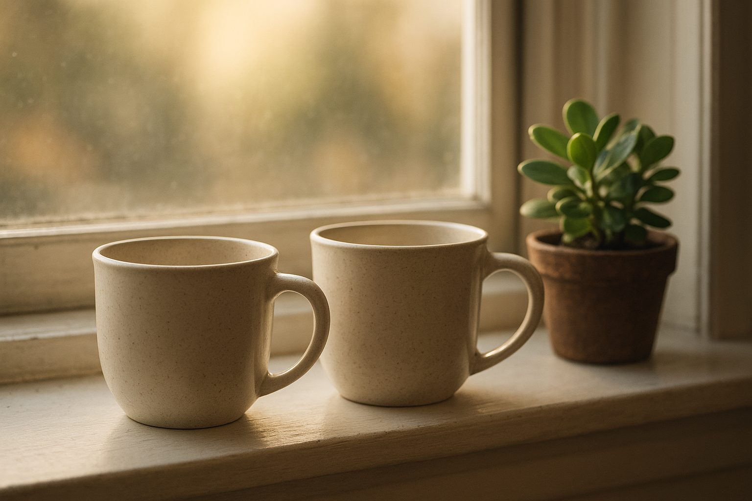 two toothbrushes in one cup on a bathroom shelf beside a folded towel, soft morning light