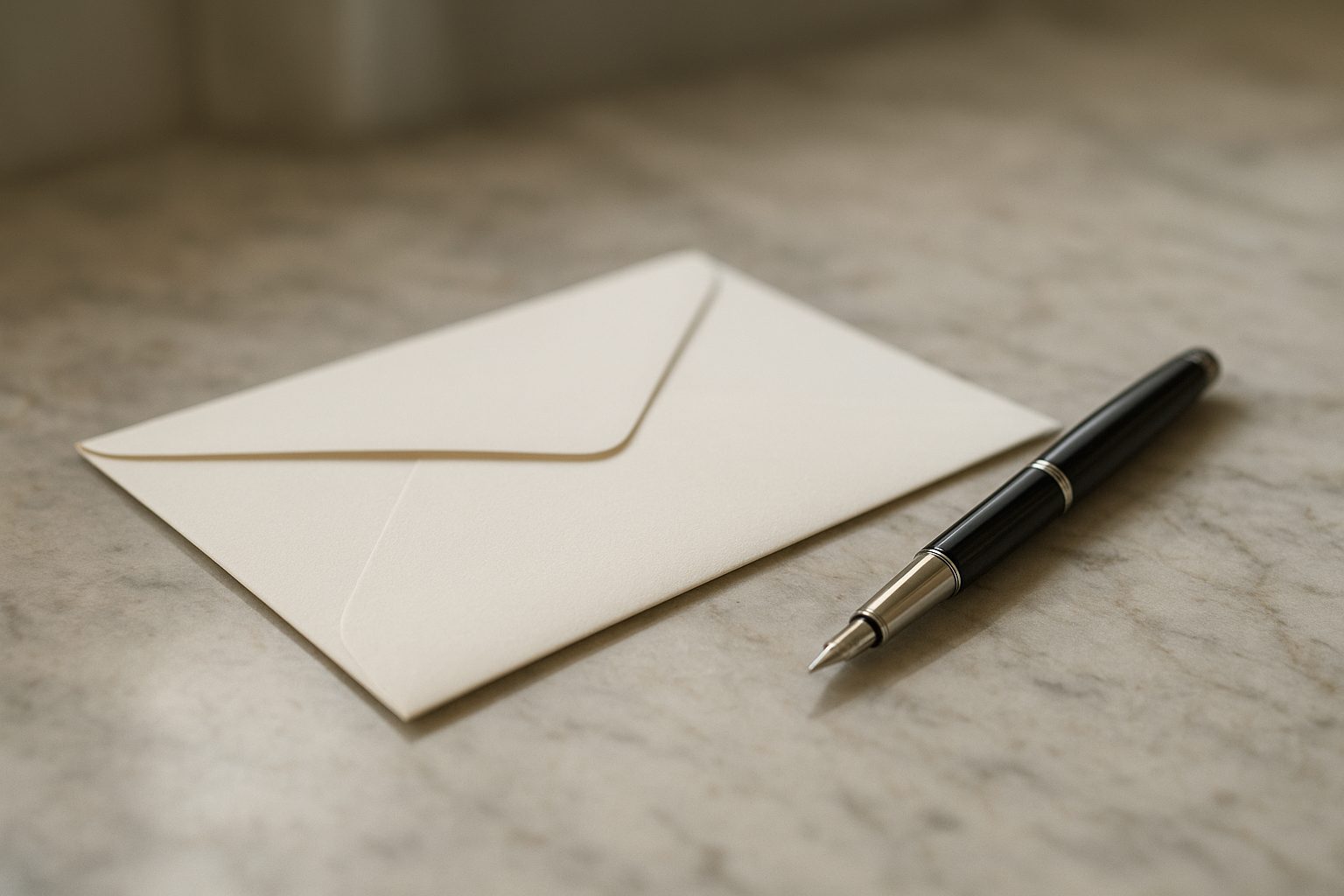 a bank envelope and a folded receipt lying on a counter beside a pen on a chain
