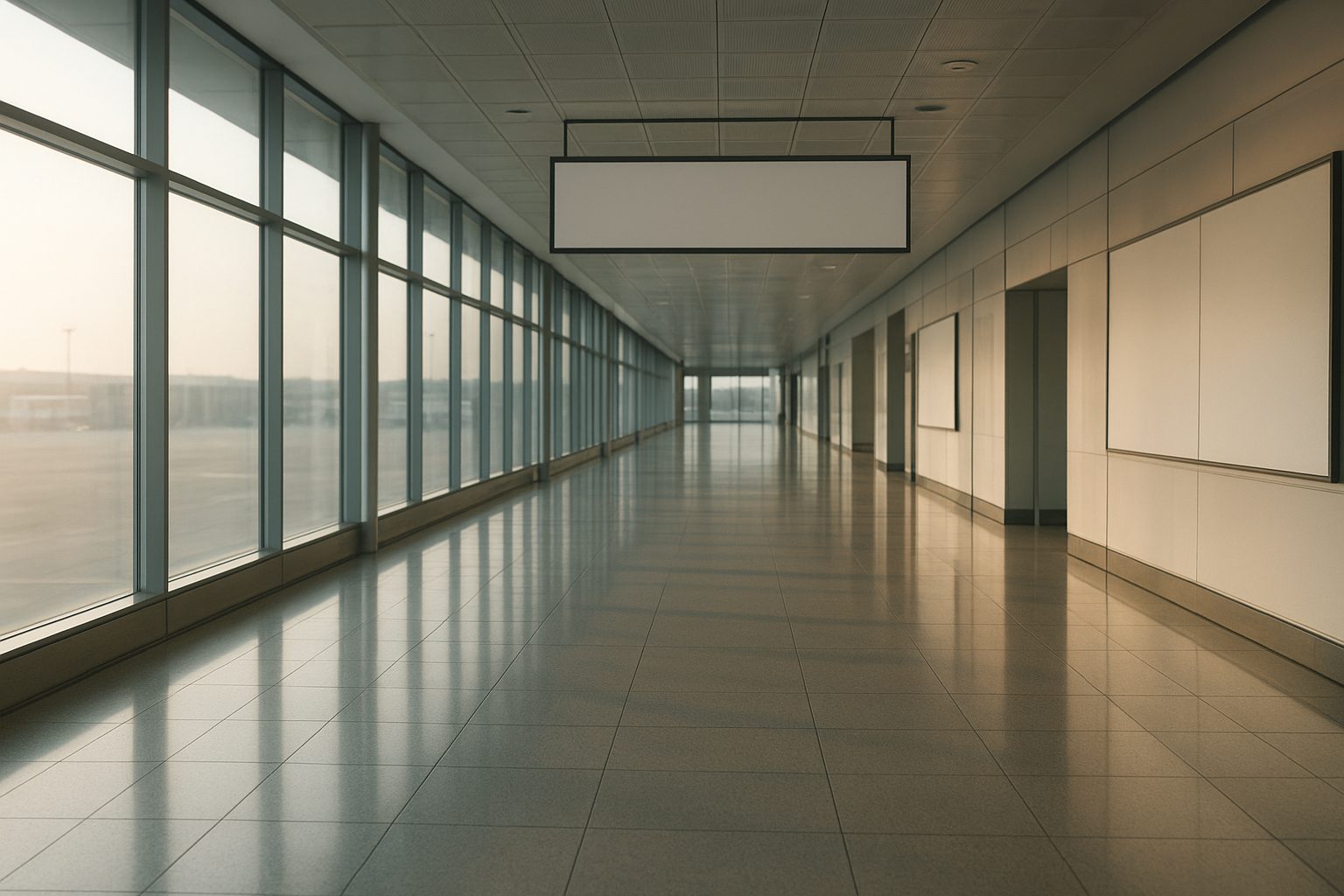 an airport arrivals hall with an empty queue barrier and a wide window showing daylight