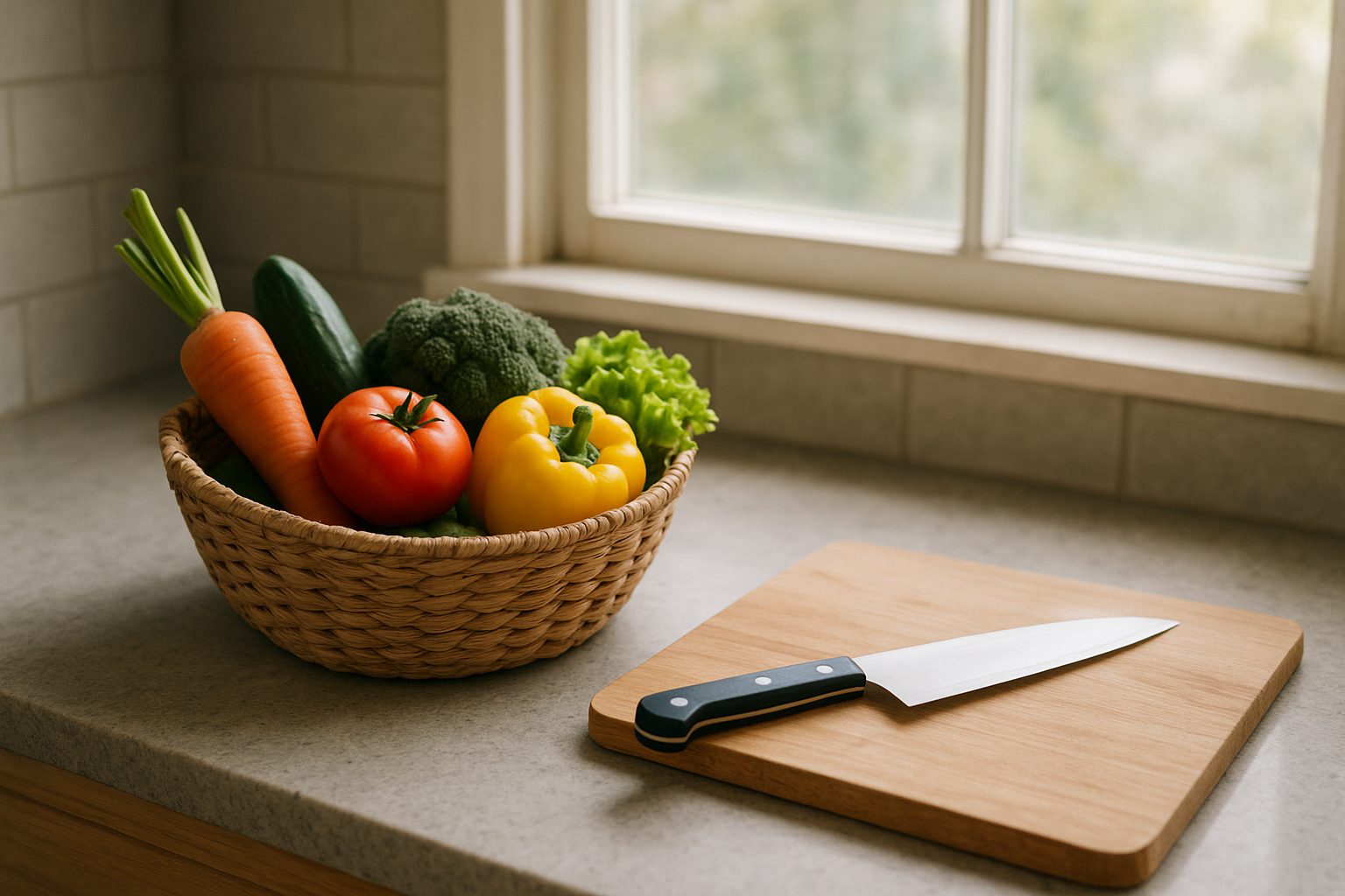 a woven shopping basket holding fresh vegetables set on a kitchen table near a window