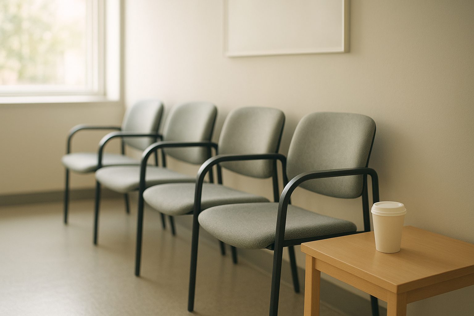 three chairs of different heights arranged in a row against a plain wall, soft daylight