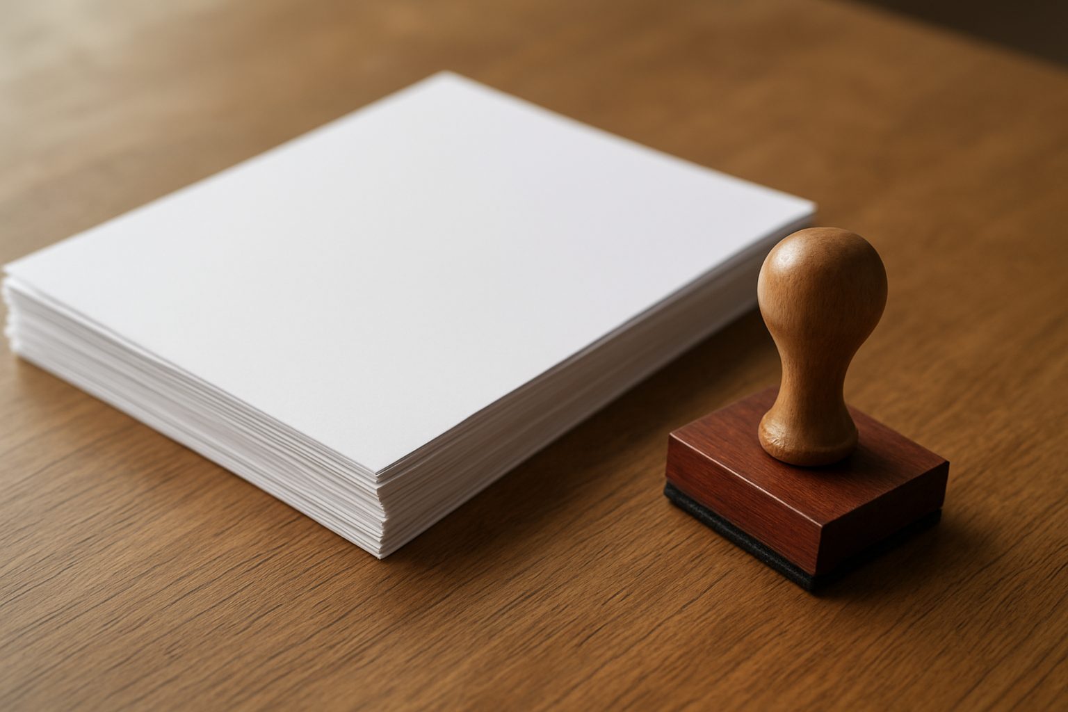 two stacked documents in different scripts lying slightly offset on a bare desk, even light
