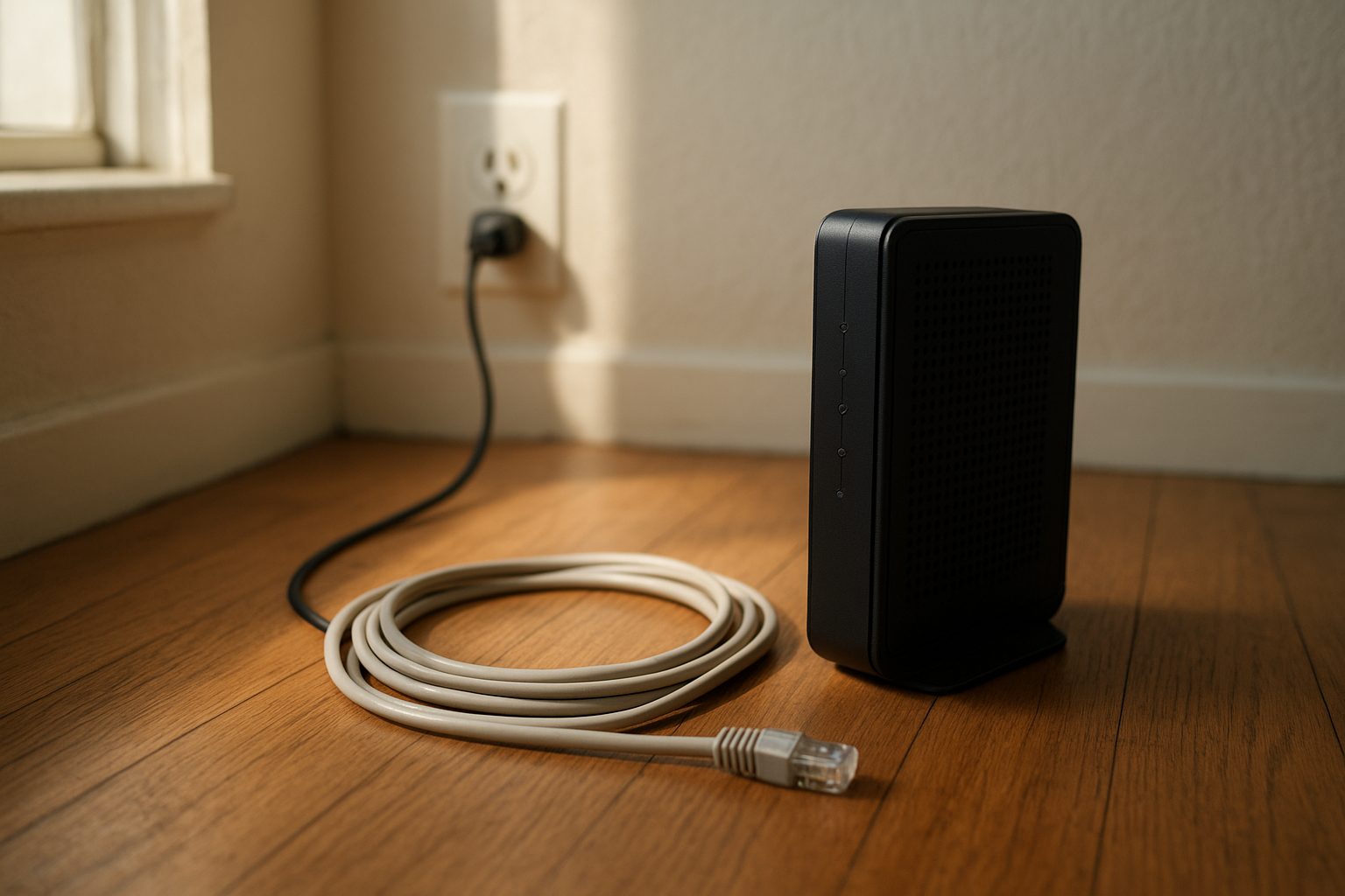 a router with blinking lights on a shelf beside a coiled cable and a wall socket