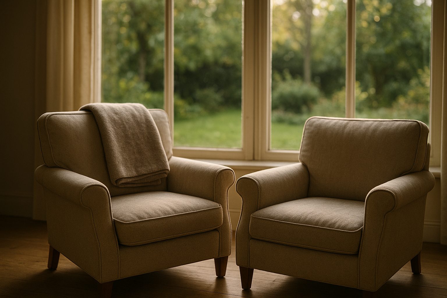 an armchair by a window with a blanket over the armrest and a walking stick leaning nearby