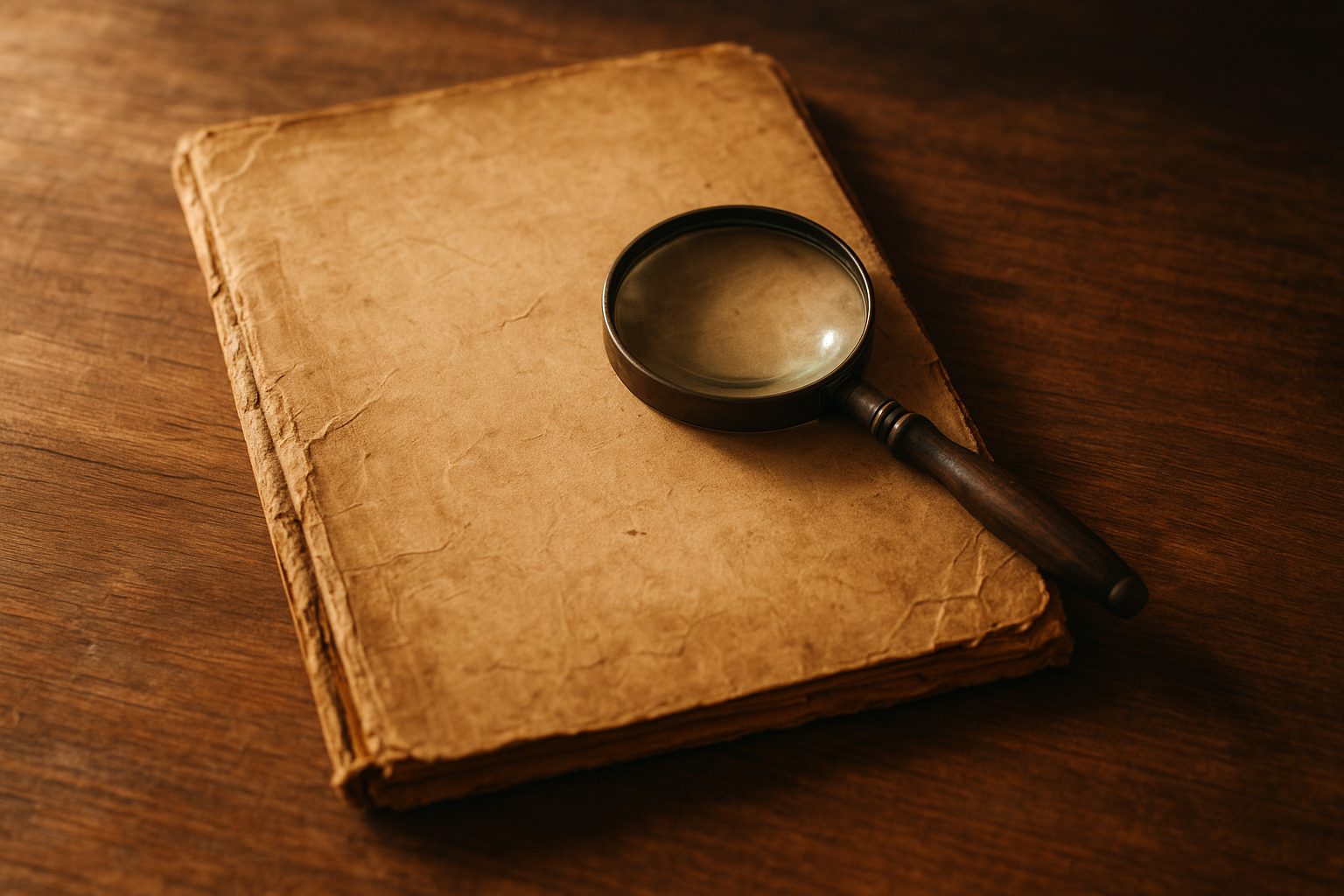 a worn paper folder tied with string resting on a shelf among older document boxes