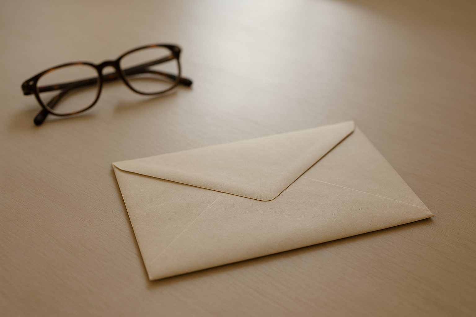 an opened envelope and a blank notepad side by side on a plain table under a desk lamp