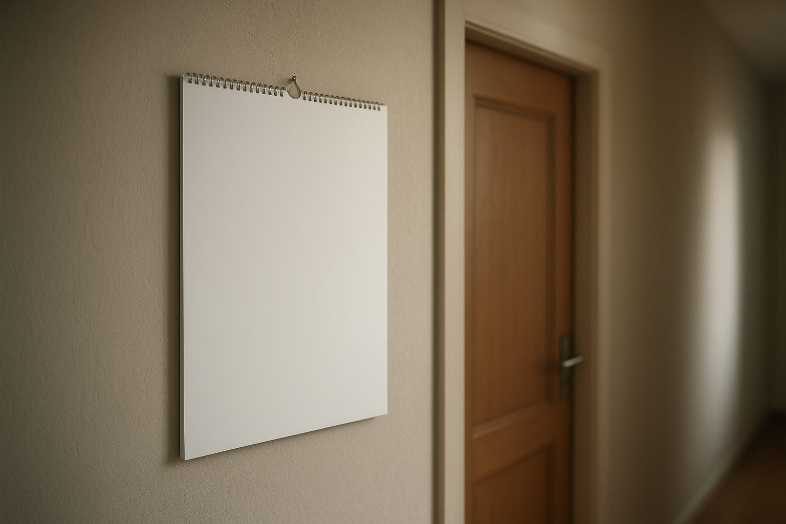 a wall calendar with several pages curled at the corner hanging above an empty chair