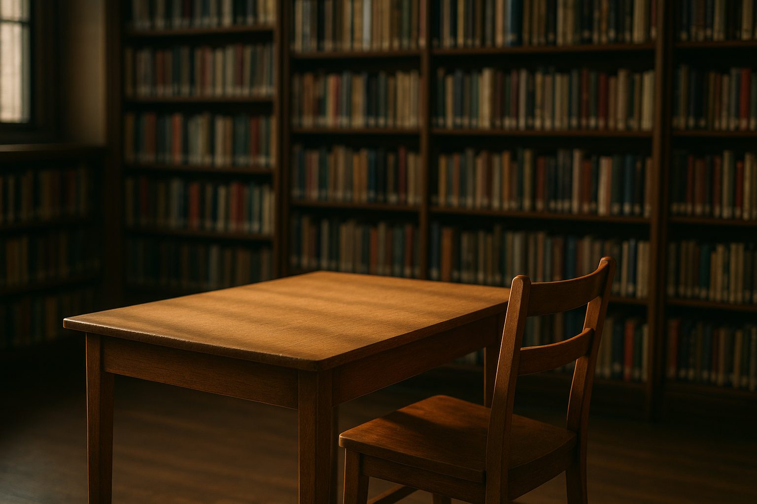 a worn notebook and a pencil resting on a library table beside a stack of thin books