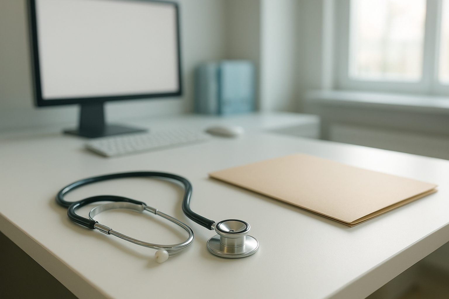 a stethoscope and a sealed brown envelope resting on a clinic counter beside a plant