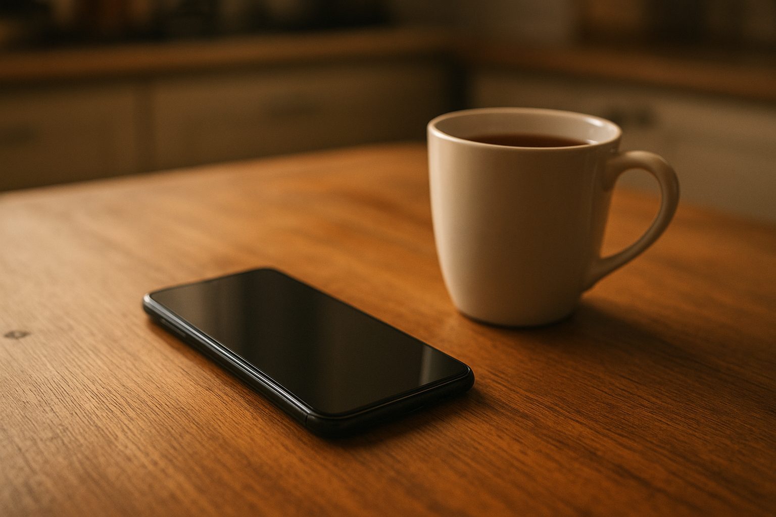 a telephone handset left off the hook on a table beside a blank notepad, dim light