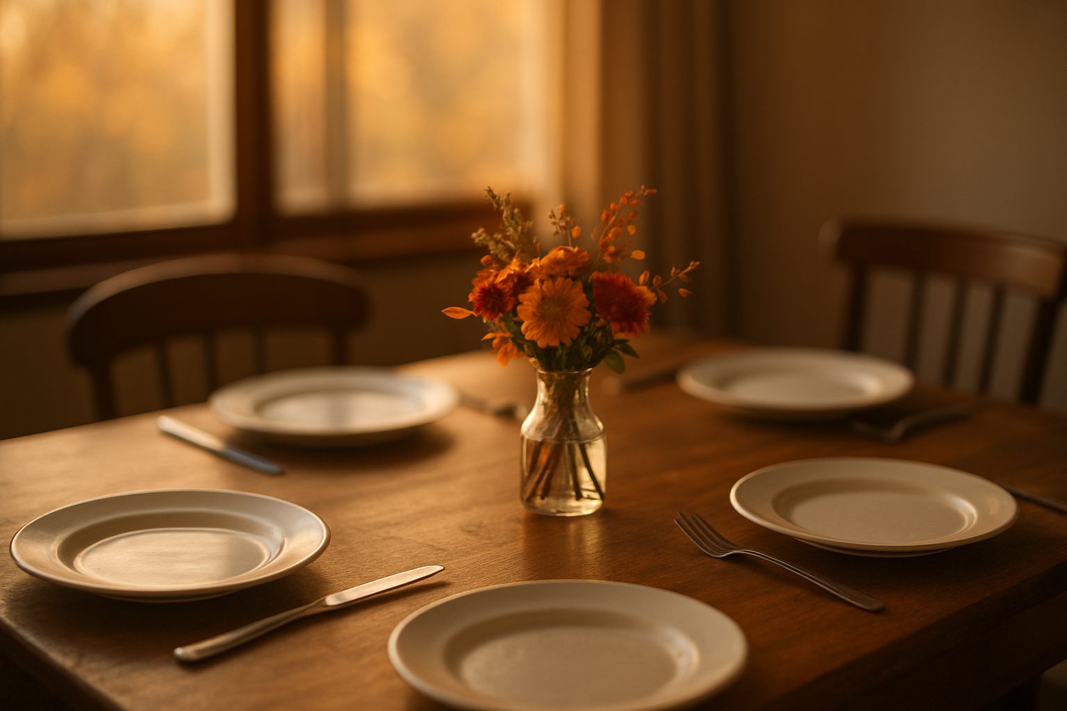 a set dinner table with empty plates and folded napkins awaiting guests, warm lamp light
