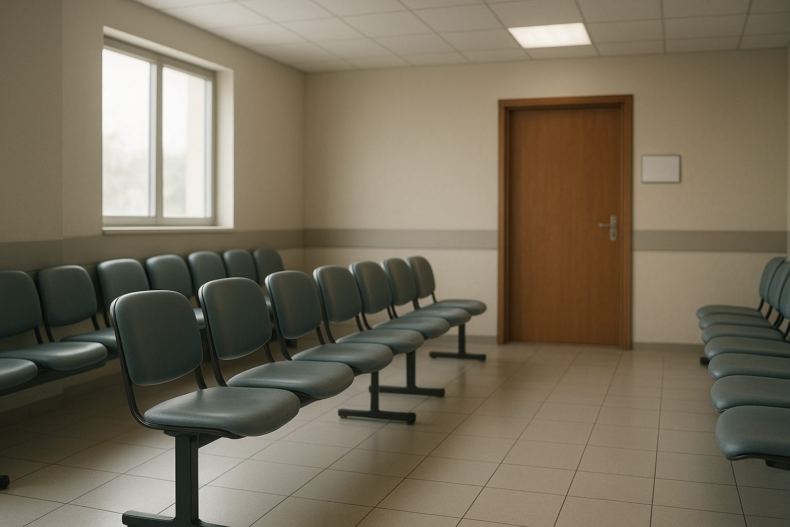 a row of empty plastic chairs along a corridor wall with a closed door at the far end