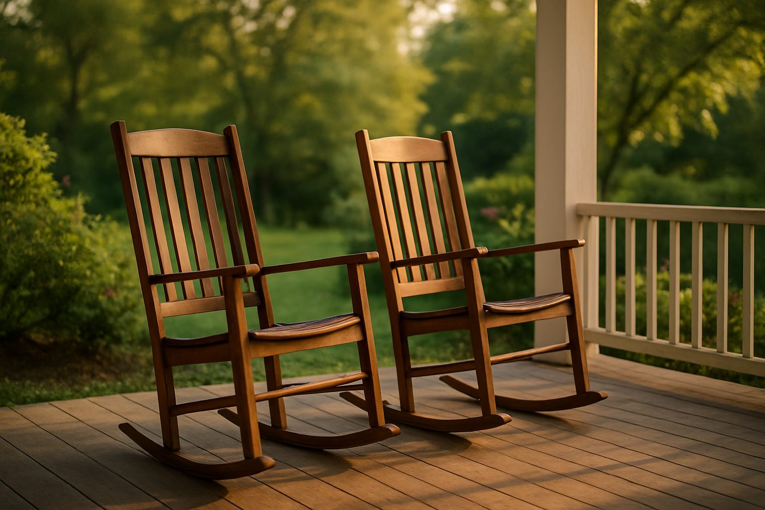 a park bench facing a still pond in late afternoon light with no people in the frame