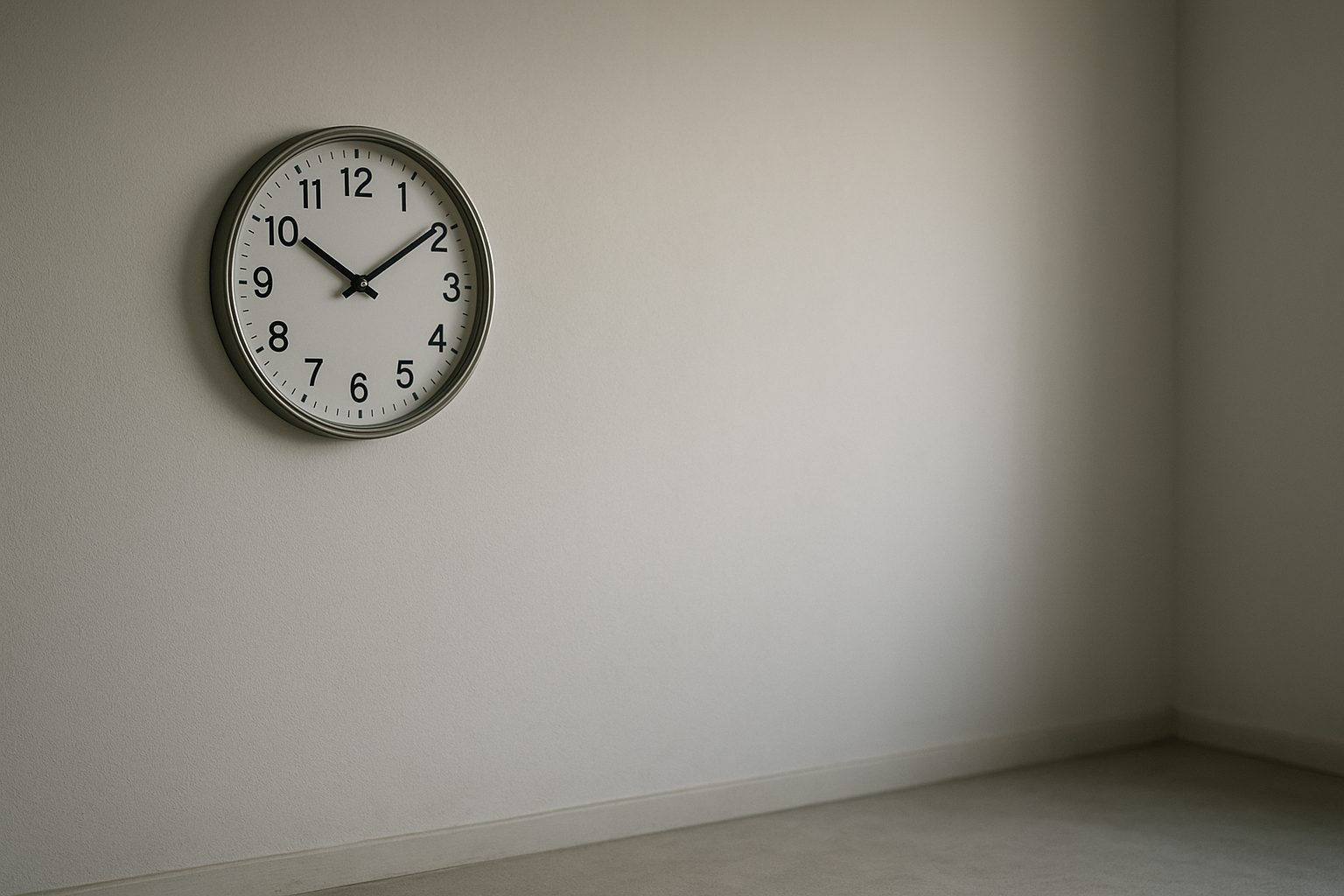 a wall clock with no numbers hanging above an empty reception desk, plain background