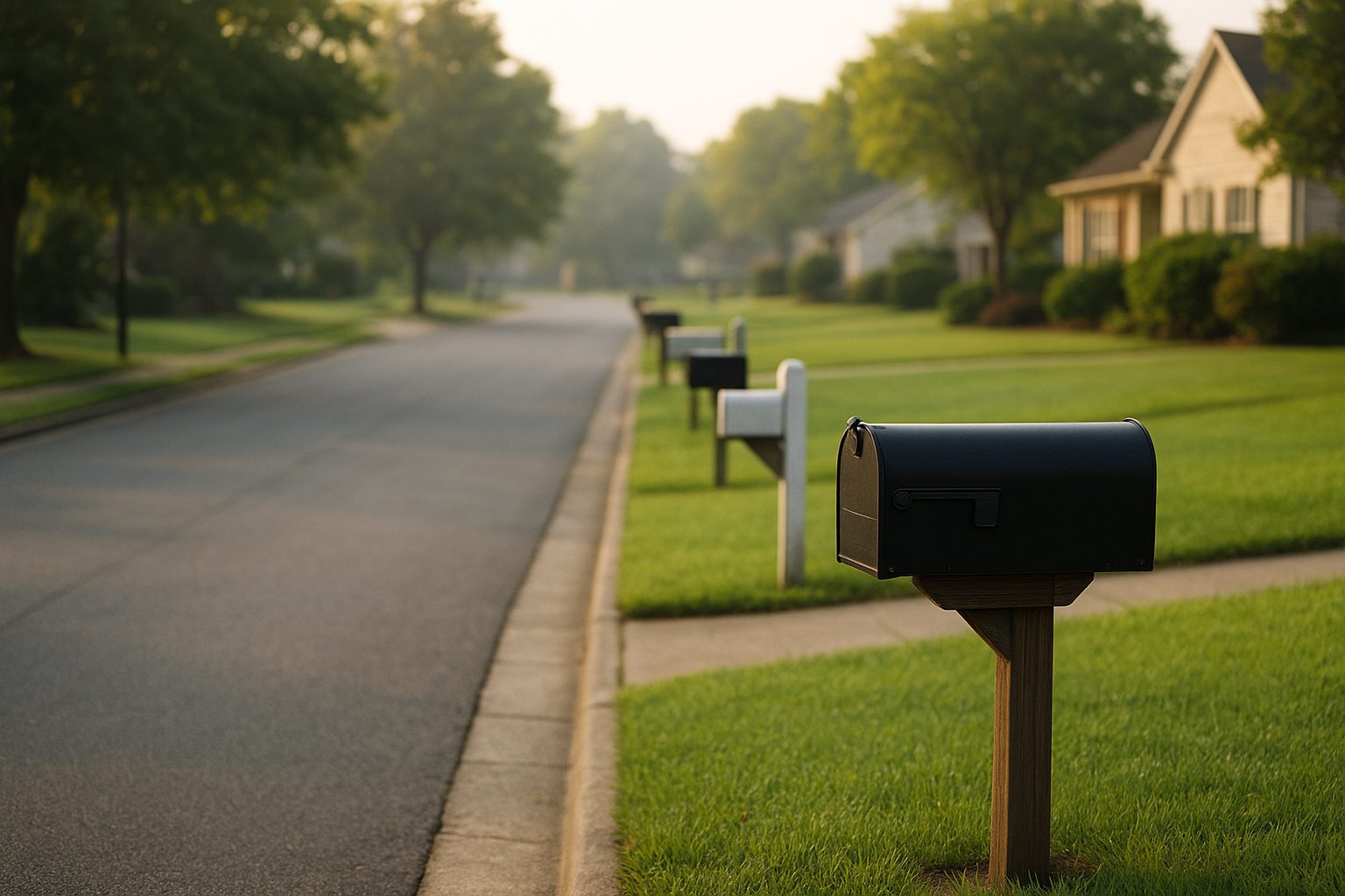 a quiet suburban street with mowed lawns and no people, mailboxes along the curb