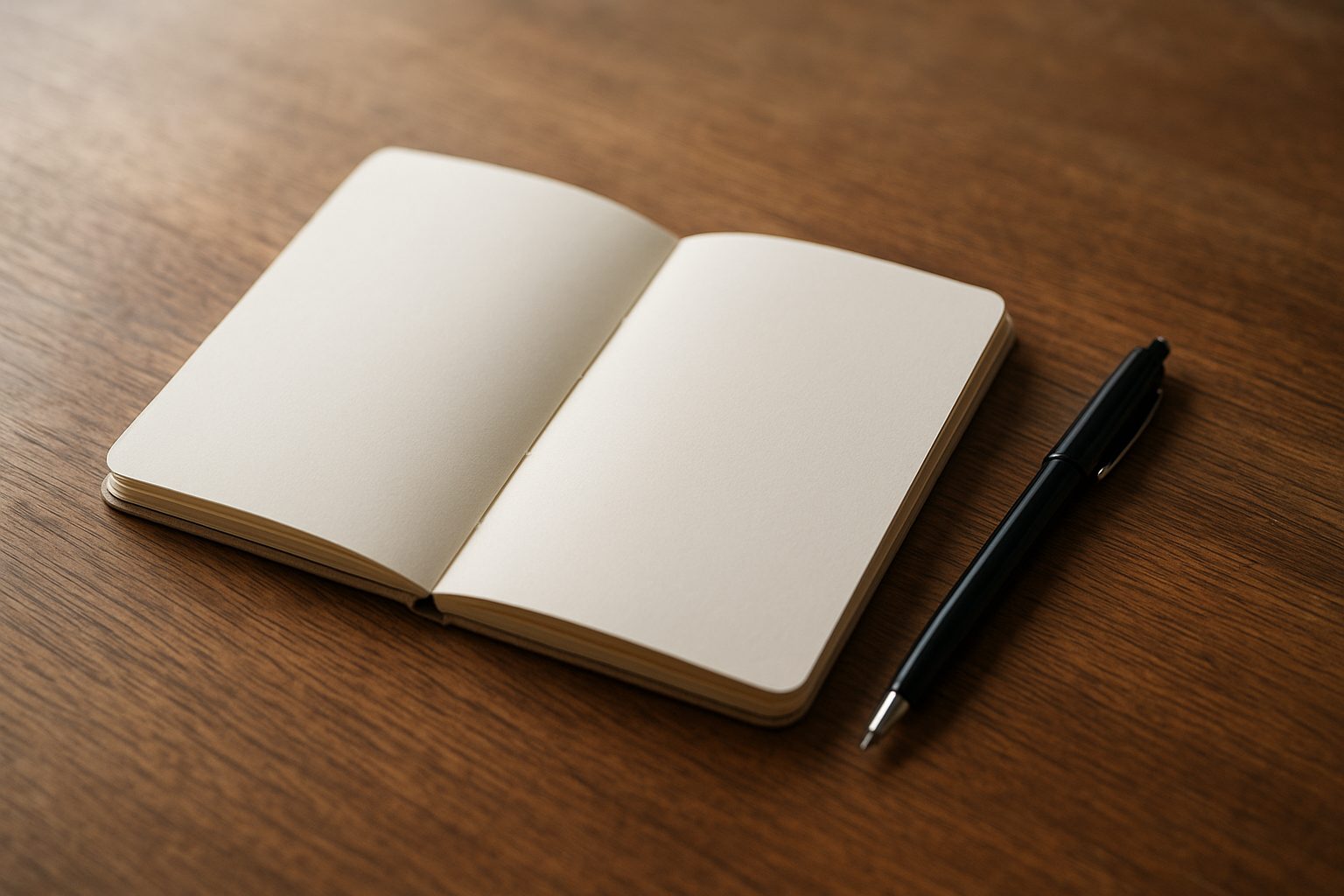a laptop showing a blank screen on a desk beside a mug and a small stack of folders