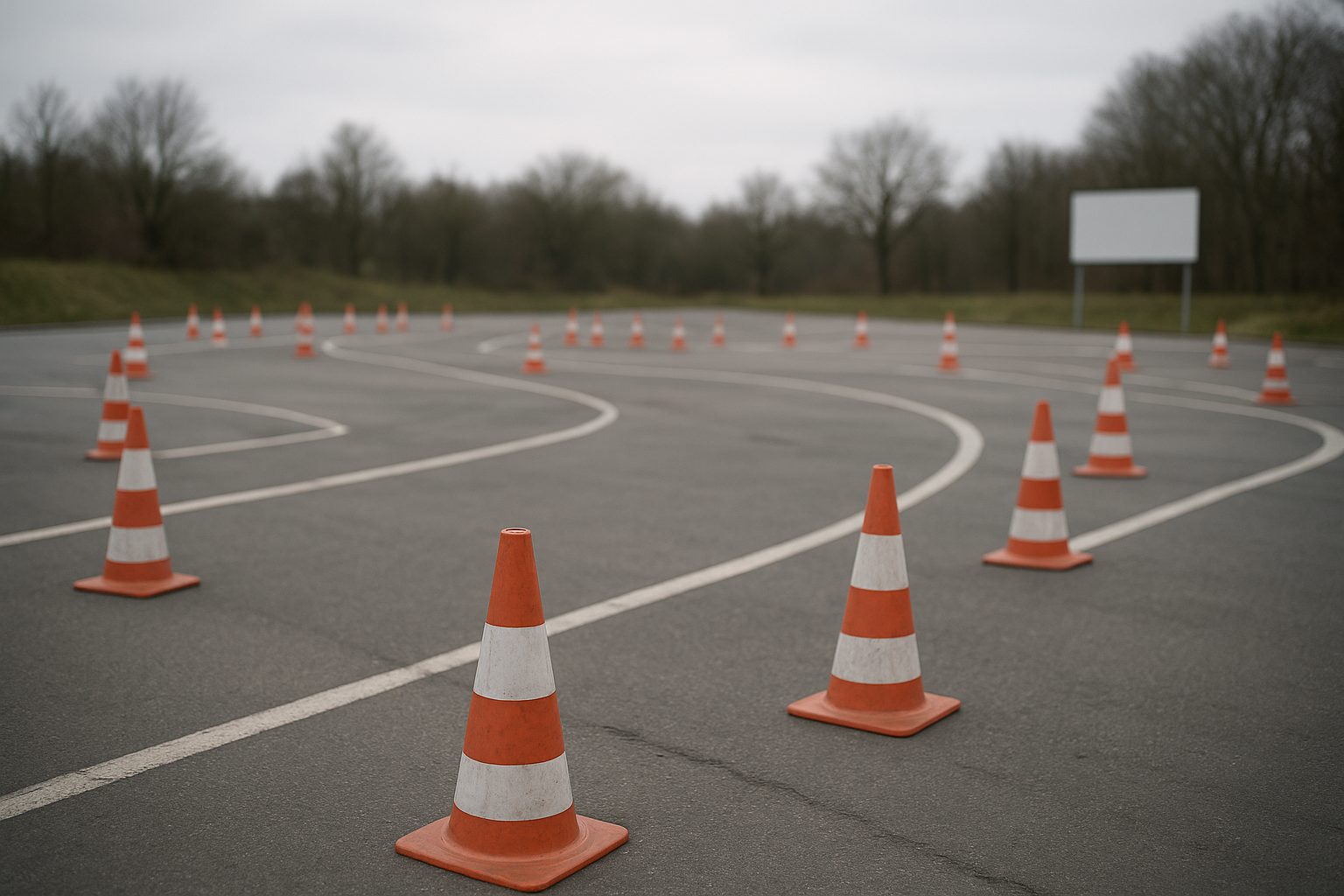 an empty parking lot with faded lane markings and a single traffic cone at the edge