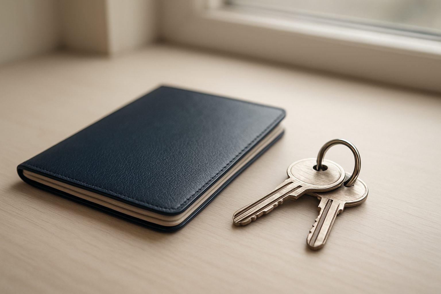 a plain plastic card in a clear sleeve resting on a table beside a passport, flat light