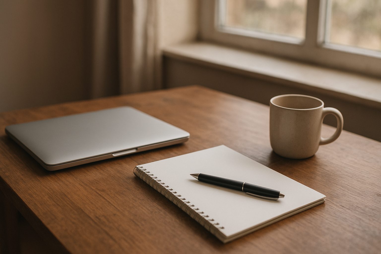 an empty office chair pulled back from a clean desk with a closed notebook on it