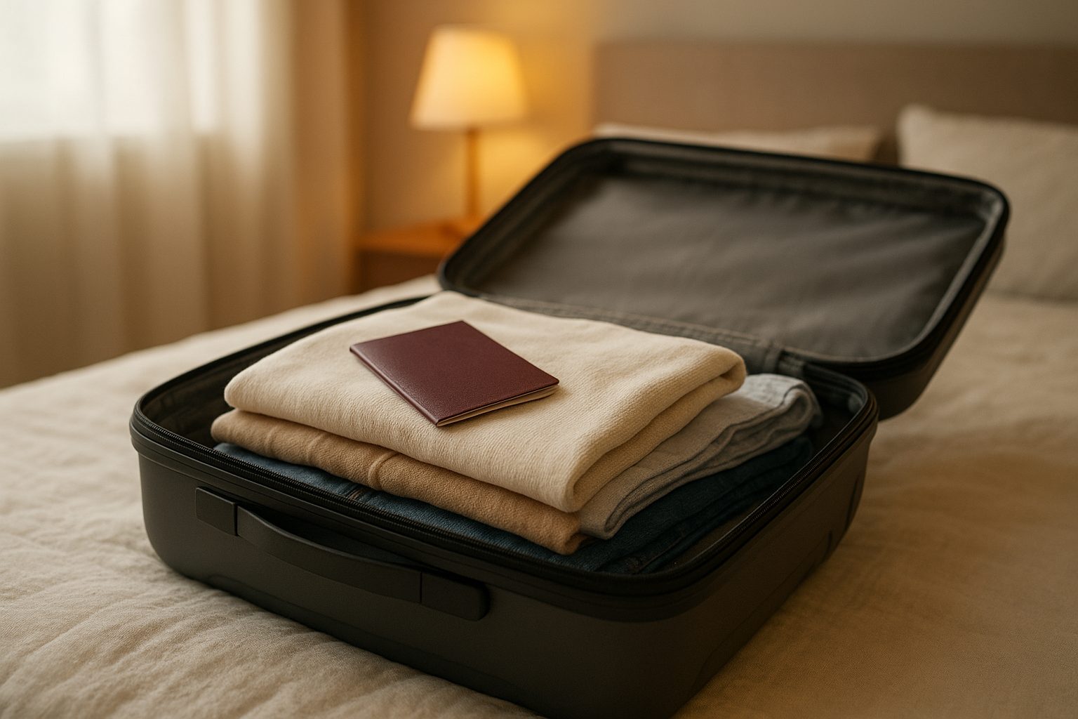 an open suitcase with folded clothes and a wrapped gift box placed on top, bedroom floor
