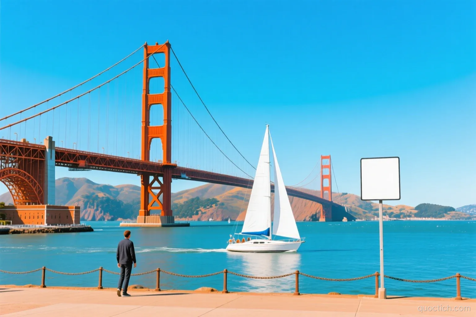 Wide view of the Golden Gate Bridge in San Francisco under a clear blue sky, white sailboats crossing the bay, bright midday sun, vivid orange and blue, no people